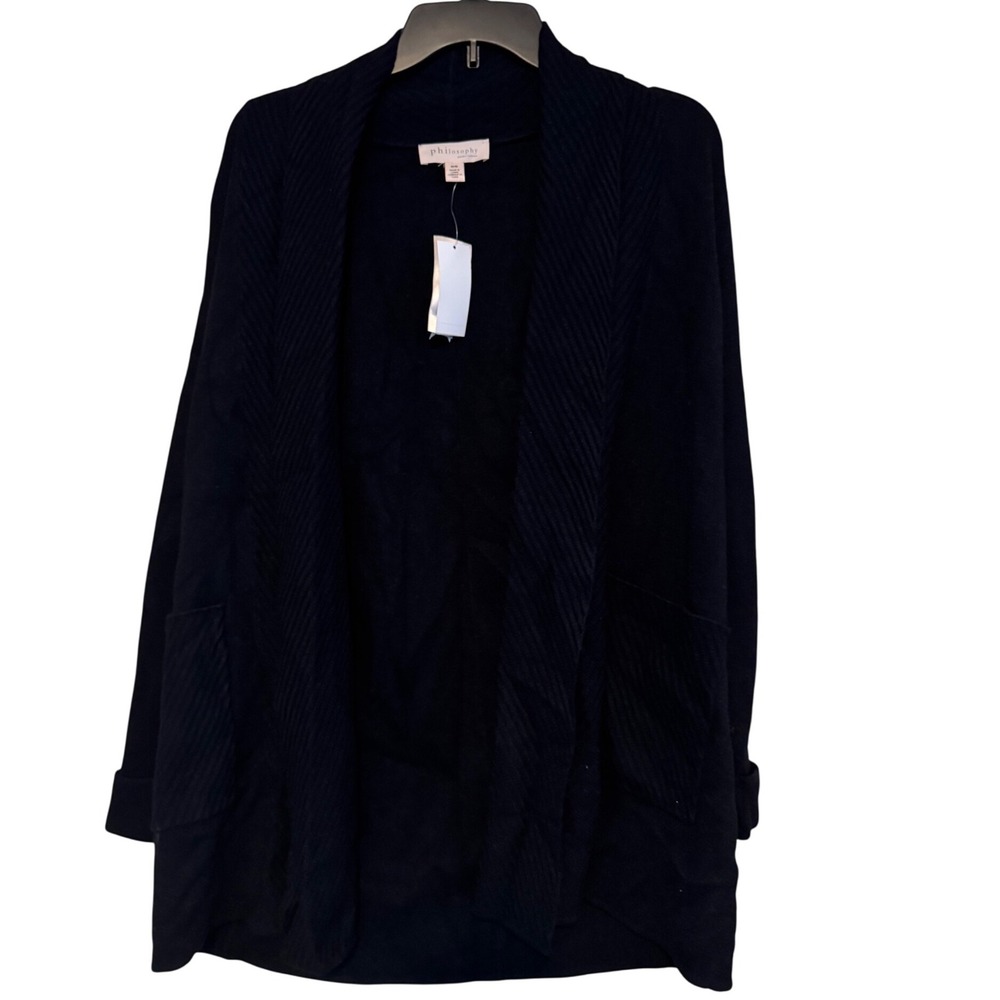 Philosophy Open Front Cardigan Long Sleeves‎  Black Medium Pockets Trim Ribbed